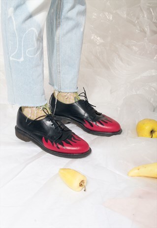 VINTAGE MARTENS SHOES Y2K BLACK LEATHER REWORK FLAME PAINT