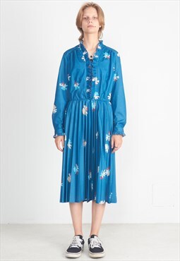 Vintage Blue Midi Long Sleeve Dress