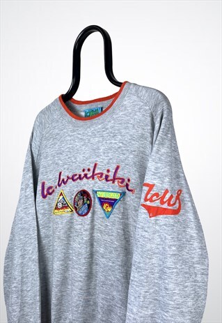 VINTAGE GRAPHIC SWEATSHIRT EMBROIDERED PATCH GREY LARGE