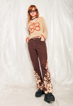 Vintage Flare Pants Y2K Reworked Painted Flame Cord Trousers