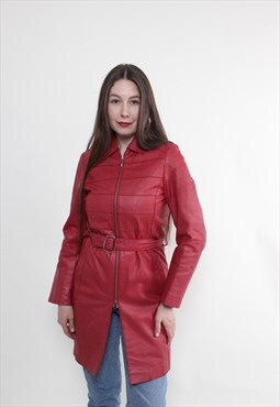 Vintage 90s leather trench coat, red leather overcoat cyber