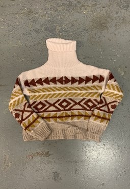 Vintage Abstract Patterned Jumper Rollneck Chunky Knit