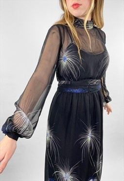 70's Vintage Ladies Sheer Black Print Long Sleeve Midi Dress
