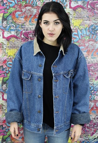 VINTAGE 80S DARK BLUE BLANKET LINED DENIM JACKET.