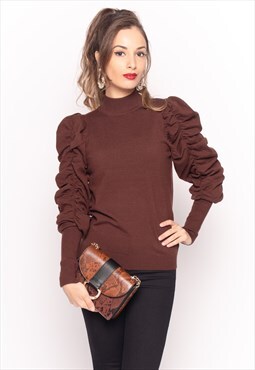 Brown Jumper with Gathered Puff Sleeves
