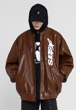 Faux leather baseball varsity jacket MA-1 patch bomber brown