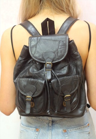 1990S VINTAGE JET BLACK REAL LEATHER BACKPACK