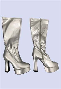 Silver Boots Womens UK8 High Knee Patent Leather Disco