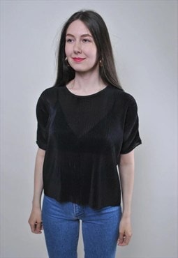 Vintage 90s black sheer blouse, cropped transparent blouse