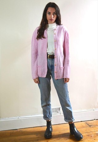 90S VINTAGE PASTEL PINK MERINO WOOL BUTTON UP CARDIGAN