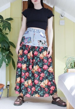 Vintage reworked denim patchwork floral midi skirt