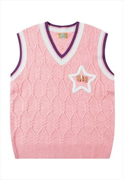 Sleeveless sweater cable knitwear gilet preppy jumper pink