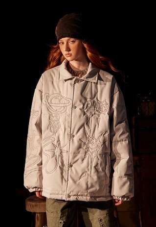 QUILTED GOTHIC JACKET EMBROIDERED BOMBER PUNK PUFFER GREY