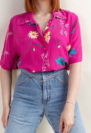 VINTAGE 90S GRUNGE PURPLE FLORAL SHORT SLEEVE VISCOSE BLOUSE