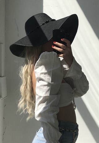 VINTAGE Y2K BLACK WOVEN WIDE FLOPPY BRIM FEDORA SUN HAT