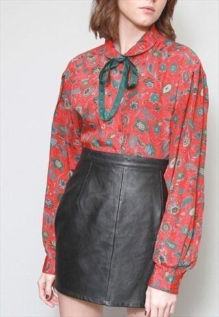 VINTAGE 1970'S PAISLEY AND FLORAL RED BOW BLOUSE
