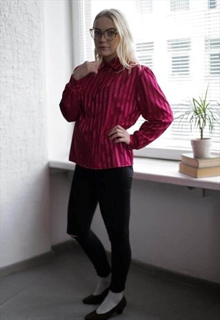 VINTAGE 80'S HOT PINK STRIPED LONG SLEEVE SHIRT