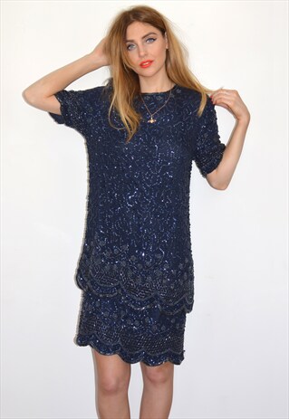VINTAGE NAVY BLUE SEQUIN PARTY PROM DRESS