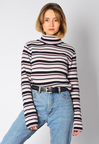 VINTAGE 90S PINK STRIPED WOOL BLEND TURTLE NECK TOP