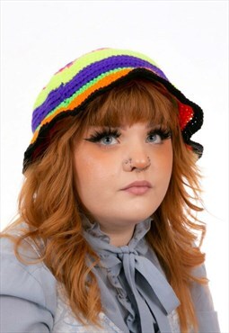 Vintage Multi Coloured Neon Crochet Frilly Bucket Hat