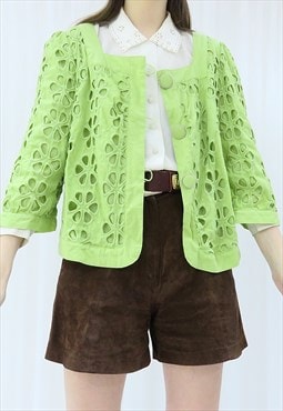 90s Vintage Green Floral Cropped Jacket (Size S)