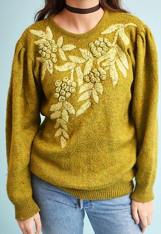 80'S RETRO FLORAL EMBROIDERED MOMS KNIT JUMPER