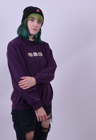 VINTAGE 90'S PURPLE CUTE KITTEN SWEATER SIZE MEDIUM