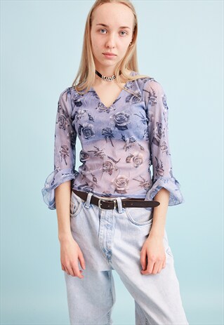 90'S RETRO FLORAL PRINT KITSCH SHEER MESH TEEN TOP BLOUSE