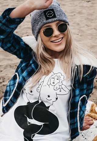 'MERMAID & MERMAID' HAND PRINTED T-SHIRT IN WHITE