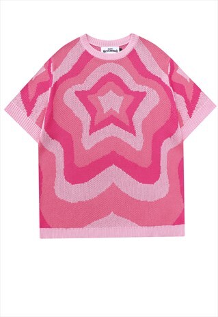 KNITTED T-SHIRT STAR PATTERN TEE FLUFFY GRUNGE TOP IN PINK