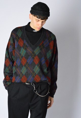 VINTAGE 90S GREY GRUNGE V-NECK WOOL BLEND JUMPER