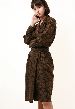 70S VINTAGE MIDI LENGTH BROWN LONG SLEEVE DRESS 978