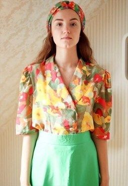 Bright green yellow red vintage short sleeve blouse shirt