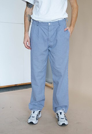 VINTAGE 80S BLUE CHECK PLEATED RELAXED FIT MEN TROUSERS W36