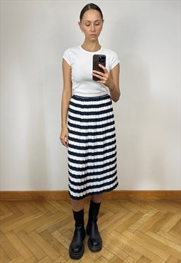 Vintage White Striped Pleated Midi Skirt