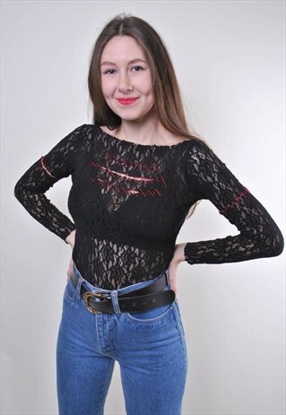 WOMEN VINTAGE LACE BLACK PARTY EVENING BLOUSE