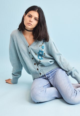 80'S RETRO FLORAL EMBROIDERY BEADED KNIT MOMS CARDIGAN
