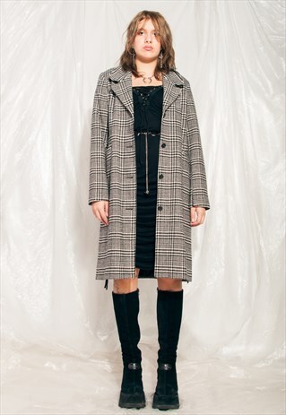 Vintage Coat 90s Long Wool Jacket in Grey Plaid