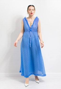 Sheer sleeping dress blue mesh Vintage romantic nightgown