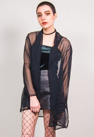 VINTAGE 90'S BLACK SHEER OPEN LONG KIMONO JACKET SHIRT