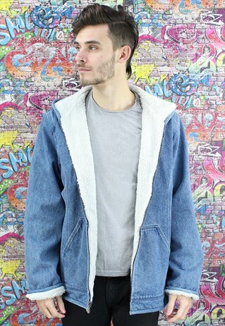 VINTAGE 80S MID BLUE SHERPA LINED DENIM HOODED JACKET.