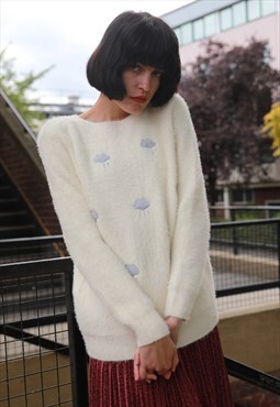 Long Sleeve Fluffy Jumper with Cloud Design in cream