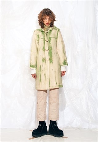 VINTAGE 80S HOODED WOOL COAT IN HAND PAINTED BEIGE