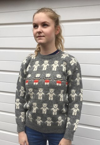WOMENS VINTAGE 80S JUMPER GREY TEDDY BEAR WOOL SWEATER