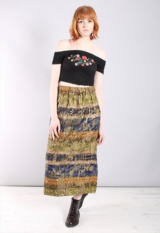 VINTAGE 80S GOLD PRINT ABSTRACT PATTERNED MAXI SKIRT