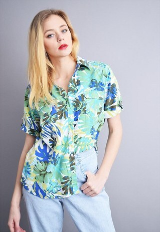 90'S RETRO HAWAII PATTERN PRINT OVERSIZED SHIRT BLOUSE TOP