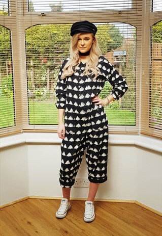 VINTAGE BLACK AND WHITE PRINT JUMPSUIT PLAYSUIT