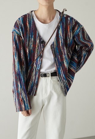 Men's retro v-neck colorful striped jacket