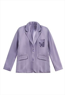 Retro blazer jacket butterfly patch Kawaii bomber in purple
