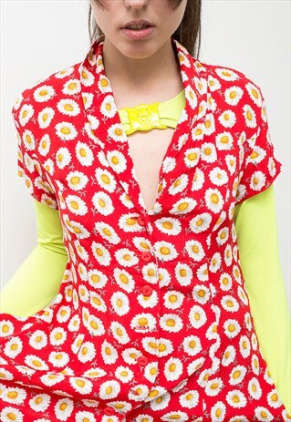 VINTAGE A-LINE DRESS RED WHITE DAISY FLORAL PRINT BUTTON UP